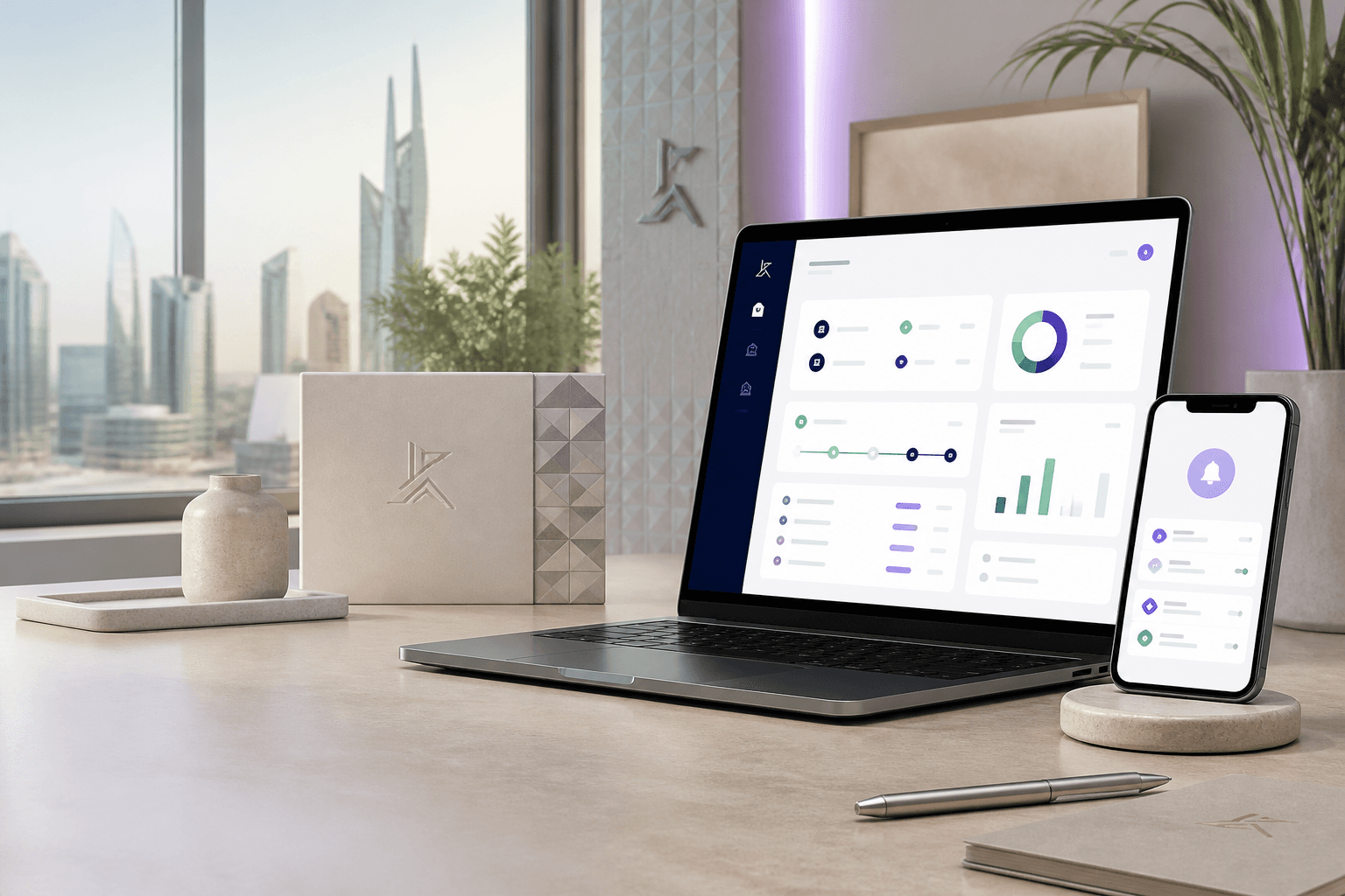 Trademark portfolio and renewal monitoring dashboard on a laptop and phone