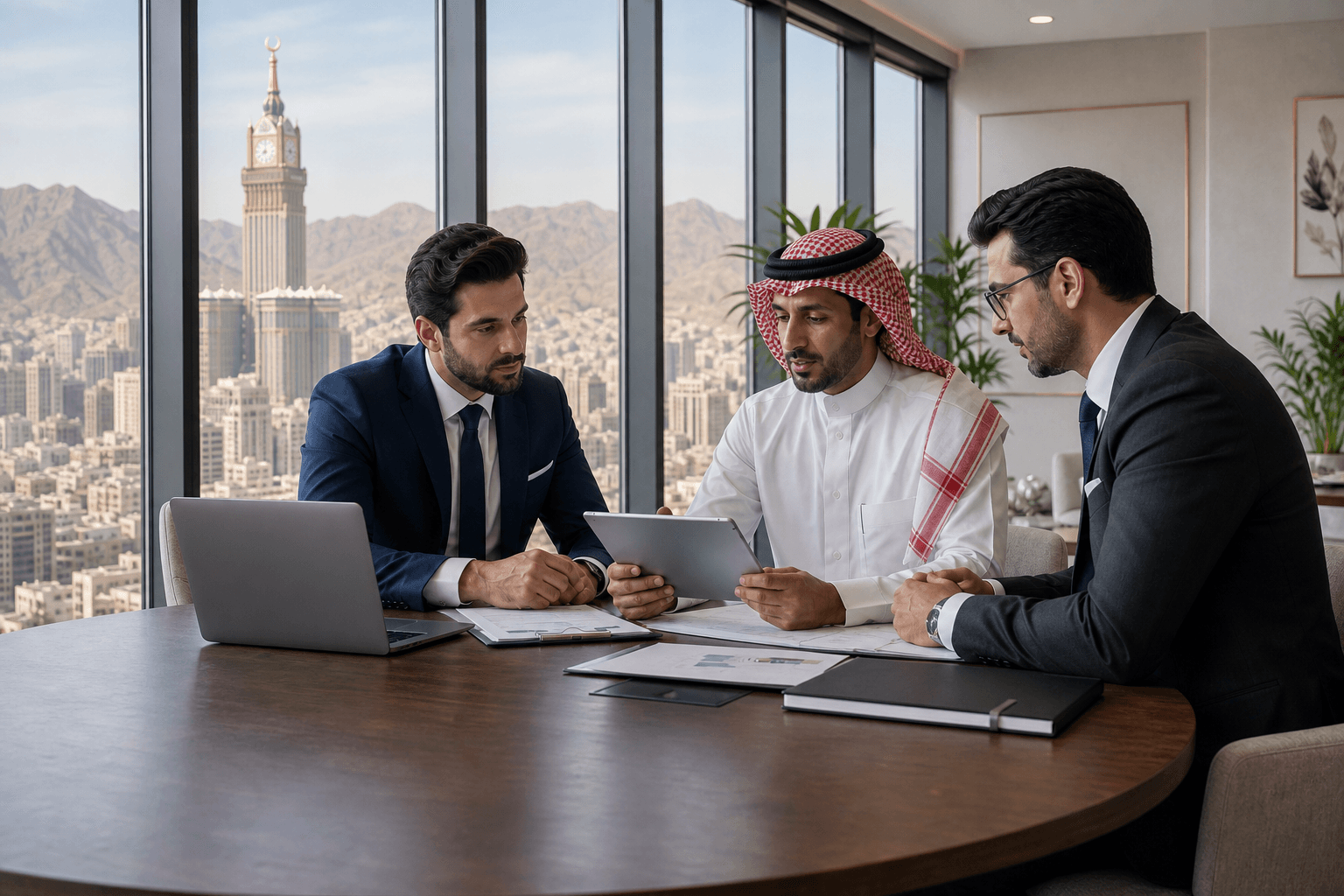 Three male business consultants planning a Saudi free zone company setup in Makkah