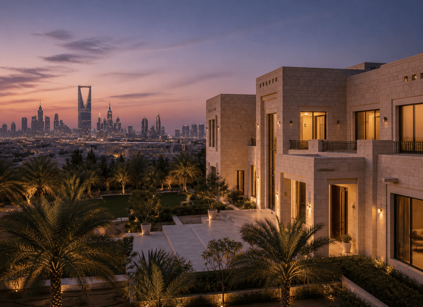 Premium Riyadh villa overlooking the city skyline at dusk